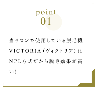 Point1 当サロンで使用している脱毛機VICTORIA（ヴィクトリア）はNPL方式だから脱毛効果が高い！