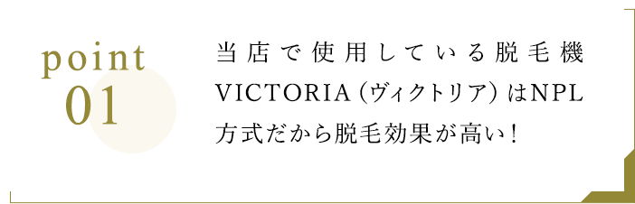 Point1 当サロンで使用している脱毛機VICTORIA（ヴィクトリア）はNPL方式だから脱毛効果が高い！