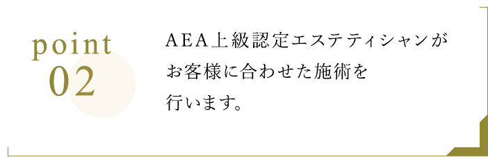 Point2 AEA上級認定エステティシャンがお客様に合わせた施術を行います。